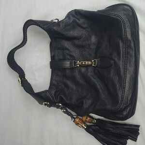 GUCCI Large Jackie Black Leather Hobo bag purse Shoulder straps also fringe